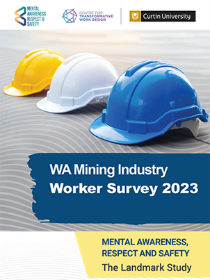 Image of hard hats with text: WA mining industry worker survey 2023.